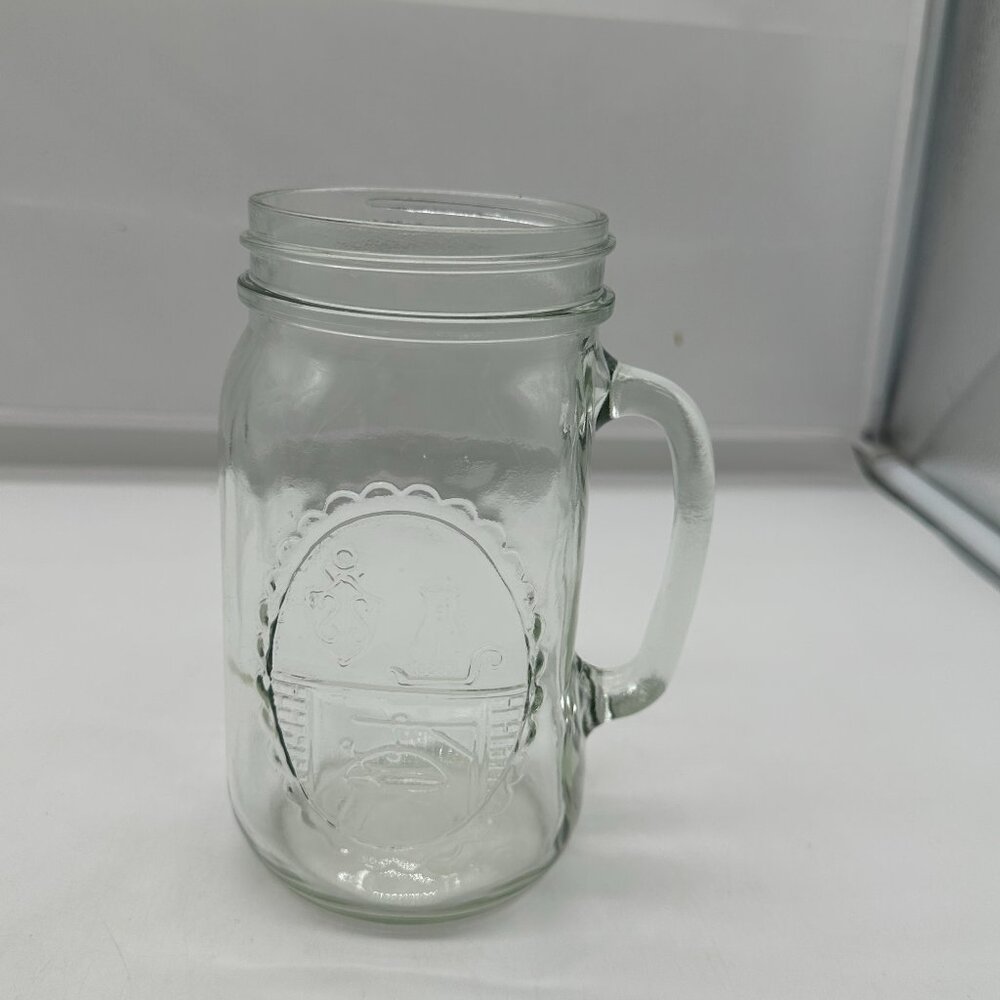 Vintage J G Wide Mouth Mason Drinking Jar Handle Sculptered 6 3/4"